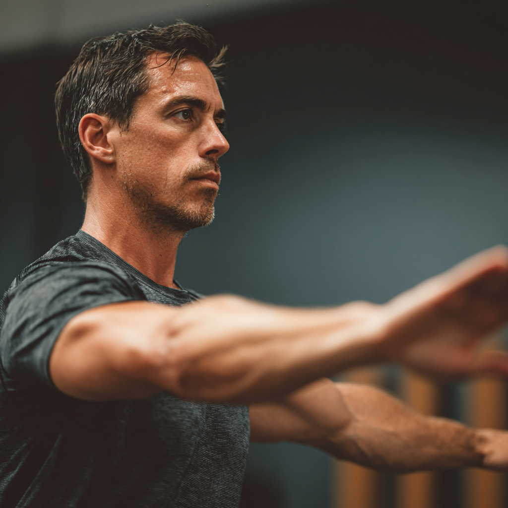 adult man focused on body awareness and controlled movement