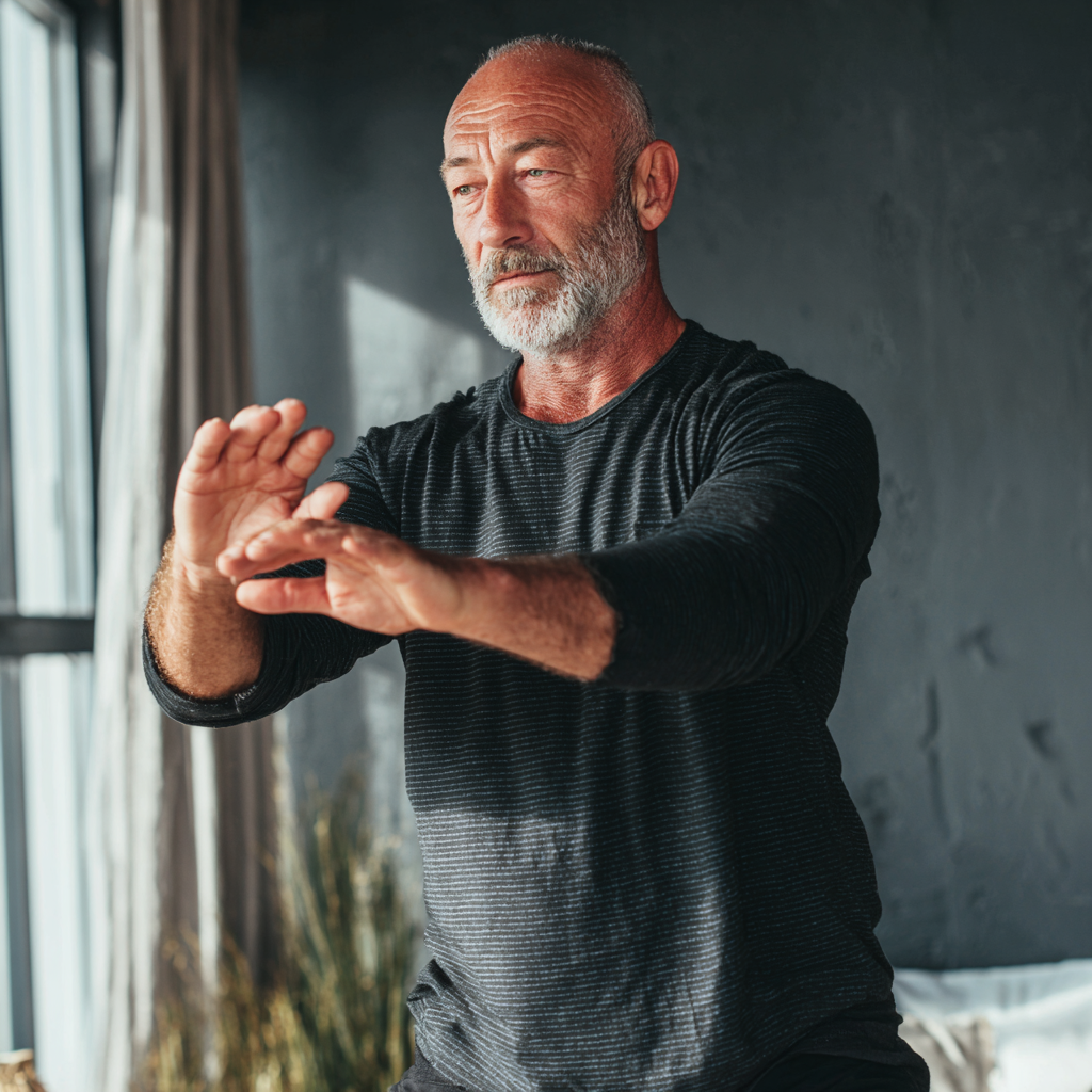 mature man practicing controlled movement exercises indoors